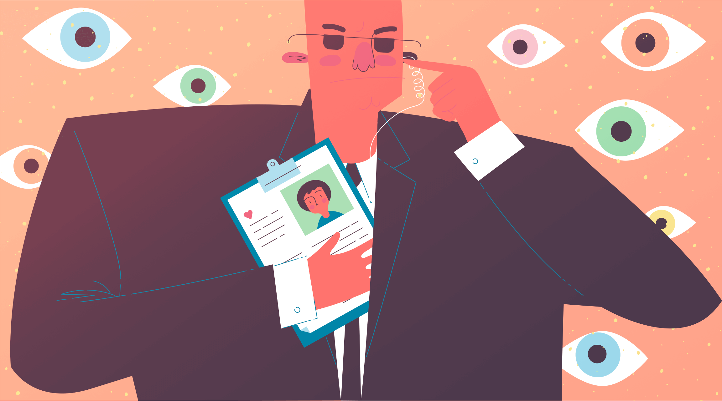 Security person with earphone surronded by eyes
